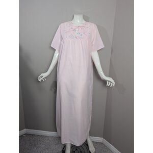 Vintage Cotton Poly nightgown, Pink nightie Embroidered neckline, 70's day dress